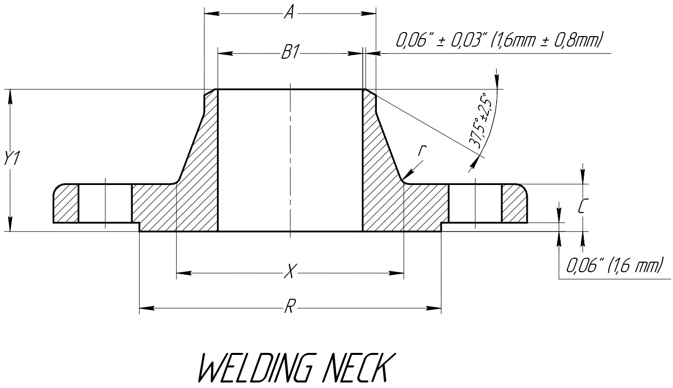 ANSI/ASME Welding Neck Flanges (WN, Weld Neck) – воротниковые (стальные приварные встык) фланцы